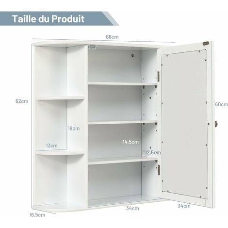 Meuble salle de bains armoire de toilette avec miroir rmoire suspendue  66x16,5x63cm blanc