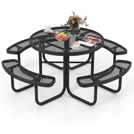 Table De Pique-nique Ronde Avec 4 Bancs Intégrés – HDPE, Trou Pour Parasol, Charge 225 Kg – Pour Jardin, Terrasse, Extérieur