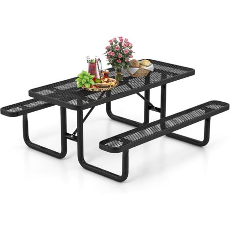 COSTWAY Ensemble Table et Bancs de Pique-Nique pour 8 Personnes, Ensemble de Jardin en Maille Métallique Banc Charge 450KG, Table de Camping Rectangulaire, 184 x 171 x 75 cm, Noir (1/5)