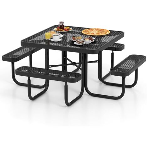 Costway – Ensemble table de pique-nique carrée 8 places – Métal antirouille avec trou pour parasol – Dimensions 193 x 193 x 76 cm – Pour jardin et terrasse (1/5)