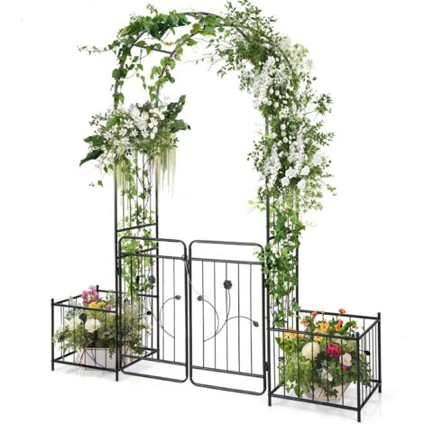 Costway – Arche de jardin 220 cm en métal – 2 jardinières latérales – Treillis pour plantes grimpantes – Portail verrouillable décoratif (1/5)
