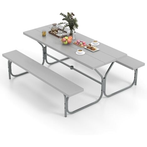 COSTWAY Ensemble Table et Bancs de Pique-Nique avec Cadre Métal, Ensemble de Jardin Imperméable pour 8 Personnes Banc Charge 250KG Trou pour Parasol, 183 x 161 x 76 cm (Gris)