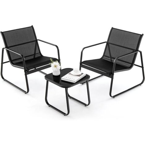 Costway – Ensemble table et chaises de jardin 3 pièces – Tissu respirant et cadre métallique – Table en verre trempé – Charge 150kg – Noir (1/5)