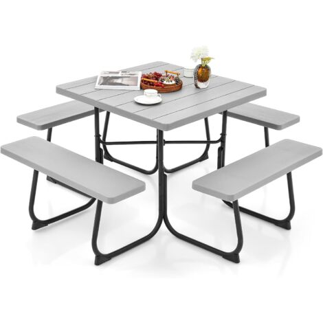 COSTWAY Ensemble Table de Pique-Nique avec 4 Bancs Intégrés, Ensemble de Jardin Table de Pique-Nique Carrée 135KG Trou pour Parasol, pour Jardin Piscine, 170 x 170 x 76 cm (Gris) (1/5)