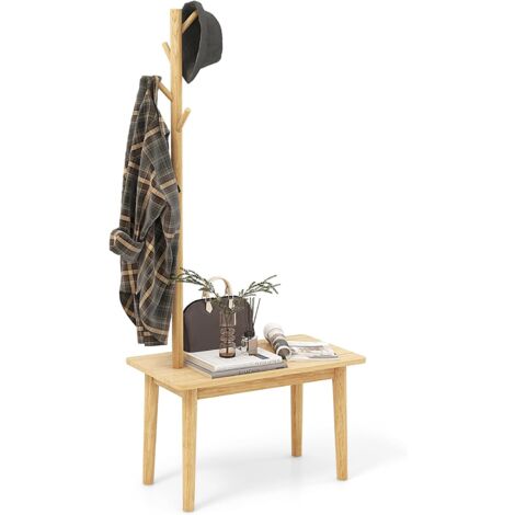 COSTWAY Porte Manteaux sur Pieds Bois 3 en 1, Meuble d'Entrée avec Banc, 4 Crochets, Table d’Appoint avec Portant à Vêtement en Bois, Vestiaire pour Entrée, Chambre, 76 x 43 x 168 cm (Naturel) (1/5)
