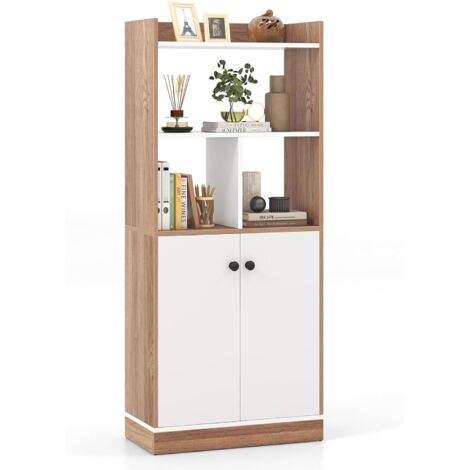 COSTWAY Bibliothèque, Armoire à Double Porte avec Étagère Ouverte, Dispositif Anti-basculement, Meuble de Rangement pour Salon, Bureau, Chambre, 60x30x140cm (1/5)