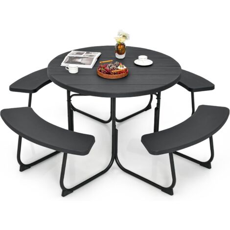 COSTWAY Ensemble Table de Pique-Nique avec 4 Bancs Intégrés, Ensemble de Jardin Table de Pique-Nique Circulaire 135KG Trou pour Parasol, pour Jardin Piscine, 190 x 76 cm (Noir)