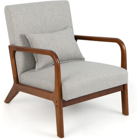COSTWAY Fauteuil de Salon 1 Place, Fauteuil Relax Rembourré avec Coussin Lombaire, Cadre en Bois Massif de Caoutchouc & Patins Antidérapants, Fauteuil de Lecture pour Bureau, Charge 150 KG(Gris) (1/5)