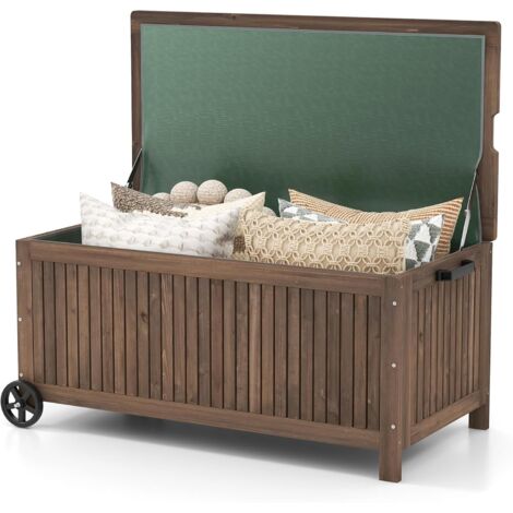 Costway – Coffre de jardin en bois de sapin 213L – Doublure imperméable amovible – Banc à roulettes 50kg – Dimensions 114 x 58,5 x 51 cm – Marron