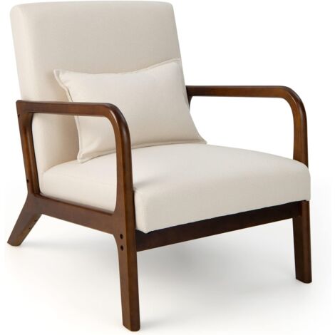 Costway – Fauteuil relax rembourré avec coussin lombaire – Cadre en bois de caoutchouc – Patins antidérapants – Charge 150 kg – Dimensions 79x65x77 cm (beige) (1/5)