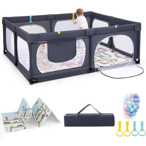 COSTWAY Grand Parc pour Bébé avec 50 Balles Océaniques, Clôture pour Tout-Petits avec 4 Anneaux à Main, Centre d'Activités pour Bébé avec Tapis Pliable, 189 x 158 x 68 CM (Gris Clair)