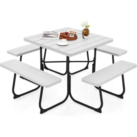 COSTWAY Ensemble Table de Pique-Nique avec 4 Bancs Intégrés, Ensemble de Jardin Table de Pique-Nique Carrée 135KG Trou pour Parasol, pour Jardin Piscine, 170 x 170 x 76 cm (Blanc) (1/5)