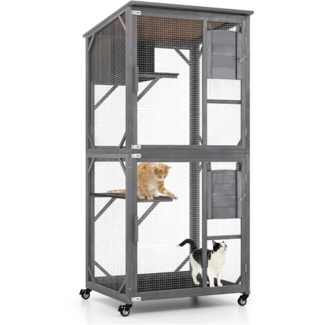 Costway – Maisonnette pour chat extérieure en bois de sapin – Enclos sur roues avec toit en asphalte – 2 plateformes – 80 x 70 x 182 cm