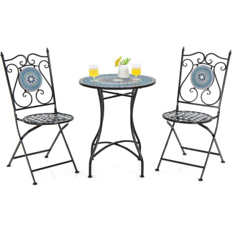COSTWAY Ensemble Bistrot pour Patio 3 Pièces en Métal à Motif Mosaïque, Salle à Manger avec Table Ronde et 2 Chaises Pliantes, Ensemble Salon de Jardin pour Intérieur Extérieur (Bleu) (1/5)