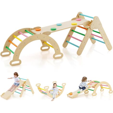 Costway – Triangle d'escalade 7-en-1 pour enfants – Rampe réversible et arc d'escalade en bois de hêtre – Charge max 50kg – Pour glisser ou grimper dès 1 an