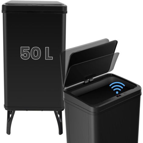 Costway – Poubelle automatique 50L en acier inoxydable – Capteur de mouvement – Couvercle à fermeture douce – Pieds détachables – Anti-empreintes (Noir)