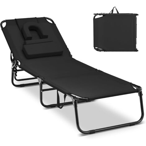 COSTWAY Chaise Longue Pliante Réglable à 5 Positions avec Trou pour Visage, Bain de Soleil en Tissu Oxford avec 3 Coussins Amovibles, Charge 160 KG, pour Piscine Plage, Cour, Camping(Noir) (1/5)