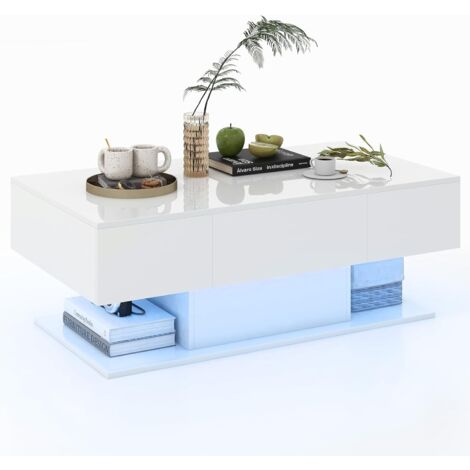 Costway – Table basse fixe 110 x 60 x 40 cm – 2 tiroirs – Éclairage LED multicolore – 22 modes dynamiques – Finition brillante MDF (1/5)