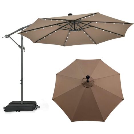 COSTWAY Parasol Déporté 3 x 3M, Grand Parasol de Jardin Extérieur Lumineux Solaire avec 2 Sacs de Sable, Base Croisée, Parasol Inclinable avec Manivelle, pour Balcon, Jardin, Terrasse Plage(Brun) (1/5)