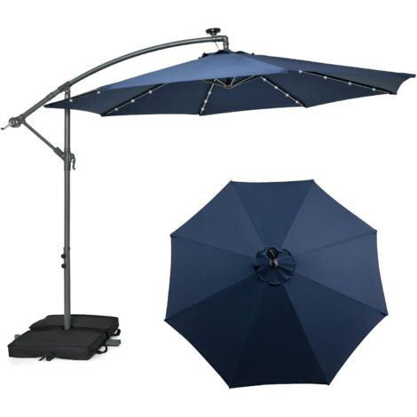COSTWAY Parasol Déporté 3 x 3 M, Grand Parasol de Jardin Extérieur Lumineux Solaire avec 2 Sacs de Sable, Base Croisée, Parasol Inclinable avec Manivelle, pour Balcon, Jardin, Terrasse, Plage(Bleu) (1/5)