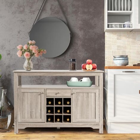 COSTWAY Buffet, Meuble de Cuisine avec 3 Tiroirs, 2 Portes Vitrées, Étagères Réglables, Style Compagne, Kits