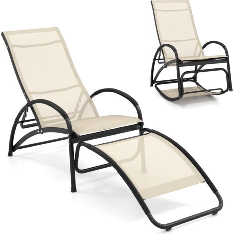 COSTWAY Chaise Longue de Jardin à Bascule 2 en 1, Fauteuil à Bascule Convertible, Chaise Relax avec Cadre en Aluminium, Dossier Réglable à 4 Positions et Accoudoirs Incurvés, Charge 150 KG(Beige)