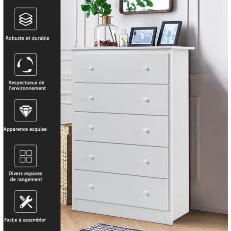 Commode à 5 Tiroirs Avec Tringle à Vêtements, LED RGB Et Station De Charge - Blanche, Roulettes, Plateau Bois