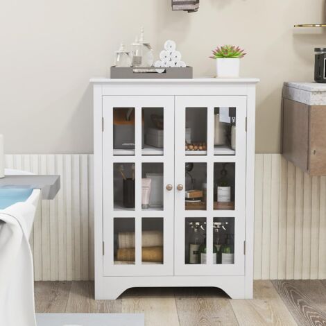 COSTWAY Armoire Vitrine 2 Portes, Meuble Vitrine Verre avec Étagère Réglable, Kits Anti-Basculement Inclus, Vitrine en Verre pour Salon, Salle de Bain, Blanc