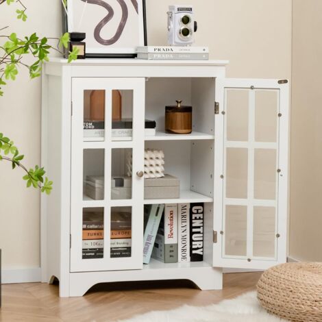 COSTWAY Armoire Vitrine 2 Portes, Meuble Vitrine Verre avec Étagère Réglable, Kits Anti-Basculement Inclus, Vitrine en Verre pour Salon, Salle de Bain, Blanc