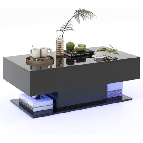 Costway – Table basse fixe avec 20 lumières LED – 22 modes dynamiques – Télécommande – Compartiment sous table – MDF haute brillance – 110 x 60 x 40 cm (Noir) (1/5)