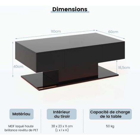 Costway - Table Basse Salon Led 20 Couleurs, Table Basse Blanche Avec Grand Tiroir Et Compartiment, 5