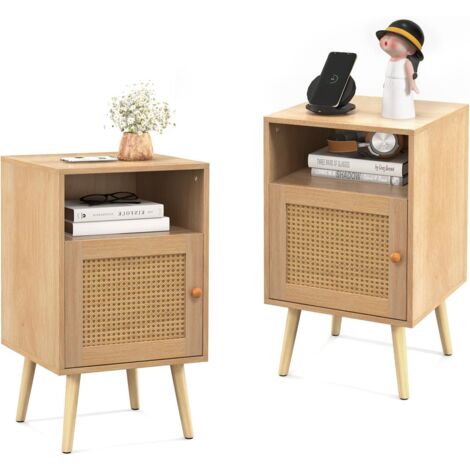 Costway – Table de chevet en bois massif avec porte cannage – Dimensions 40 x 39 x 70 cm – Fermeture silencieuse – Rangement ouvert et placard