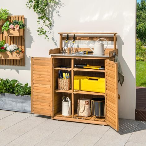 Armoire De Jardin En Bois COSTWAY - 180,5cm, 3 étagères, Toit Asphalte, Porte Verrouillable - Abri Rangement Outils Extérieur (Gris) - 5