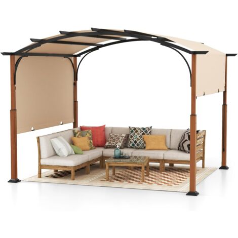 Costway – Pergola rétractable 300 x 360 cm – Structure métallique arquée – Auvent ajustable en polyester – Poteaux aspect bois – Tonnelle pour jardin