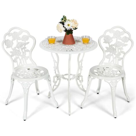 Costway – Ensemble de bistrot 3 pièces en fonte d'aluminium – 2 chaises avec motif rose – Table ronde 60 cm pour balcon et terrasse – Charge 150 kg (1/5)