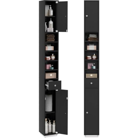 Costway – Meuble colonne salle de bain 20 x 20 x 180 cm – 2 placards, 1 tiroir, 5 étagères réglables – MDF noir avec fixation murale