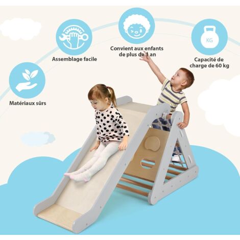 Échelle D'Escalade Montessori COSTWAY 5 En 1 - Triangle Pliable Avec Toboggan Et Bascule | Bois Massif | 60kg Charge