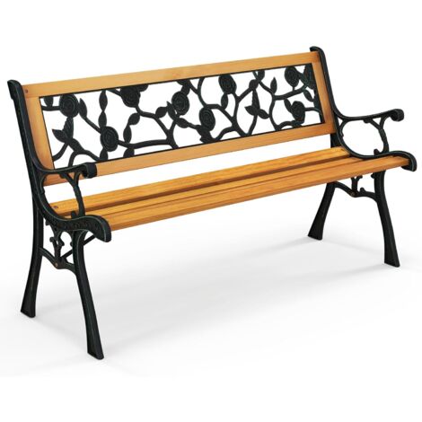 COSTWAY Banc de Jardin, Banc Extérieur en Bois, Banquette Jardin 3 Personnes avec Accoudoirs, Cadre en Métal Moulé, Motif de Fleur, Dossier en Plastique (Classique)