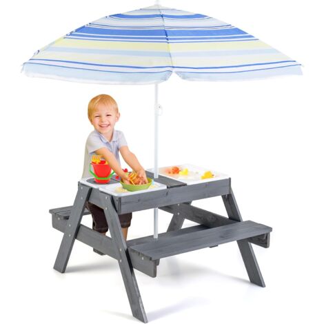 COSTWAY Table de Pique-Nique Enfants avec Parasol Réglable & 3 Bacs Amovible, Table de Jardin Extérieur en Sapin pour Sable et Eau, Charge 100kg pour Enfants de 3 Ans+ pour Jardin Terrasse