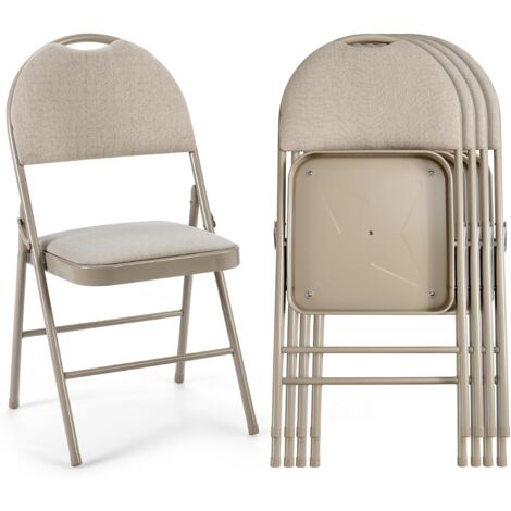 COSTWAY Lot de 4 Chaises Pliantes Rembourrées, Chaises Pliables Portables avec Dossier Recouvert de Tissu, Cadre en Métal Solide, Patins Antidérapants, pour Cuisine, Salon, Bureau, Beige