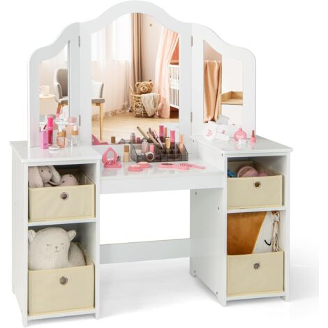COSTWAY 2 en 1 Coiffeuse Enfants avec Miroir Amovible à Trois Volets, Table de Maquillage Princesse avec 4 Compartiments et 4 Bacs de Stockage en Tissu, Charge 100kg pour Enfants de 3 Ans+ (Blanc)