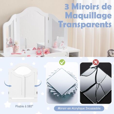 COSTWAY Coiffeuse Enfant 2 En 1 – Table Maquillage Princesse Miroir 3 Volets Amovible, Bureau + Rangement, Charge 100 Kg Dès 3 Ans (Blanc)