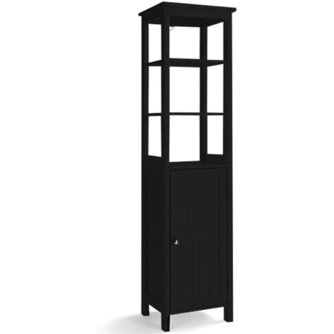 COSTWAY Meuble Colonne de Salle de Bain, Armoire Haute, Meuble de Rangement sur Pieds avec Un Grand Placard et 3 Compartiments Ouverts, Étagère Réglable, 32 x 40 x 161,5 cm (Noir) (1/5)