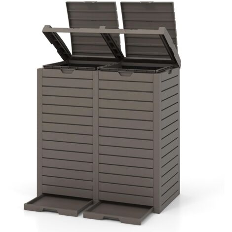 COSTWAY Poubelle Exterieur 235L, Poubelle de Jardin avec Couvercle et 2 Plateaux Extractiblex, Cerclage, Poubelle Tri Selectif 2 x 118L Étanche pour Porche, Arrière-Cour, Terrasse, Patio (1/5)