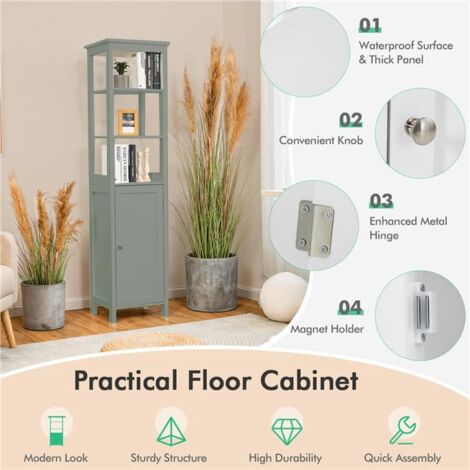 COSTWAY Meuble Colonne Salle De Bain Gris - Armoire Haute Avec Placard Et 3 Étagères Ouvertes