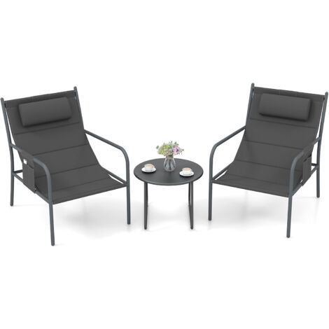 COSTWAY Ensemble de Meubles 3 Pcs de Patio Cadre en Métal Charge 150KG, Salon de Jardin 2 Chaises 1 Table Basse avec Tissu Respirant et Appui-Tête, pour Jardin Balcon, Gris (1/5)
