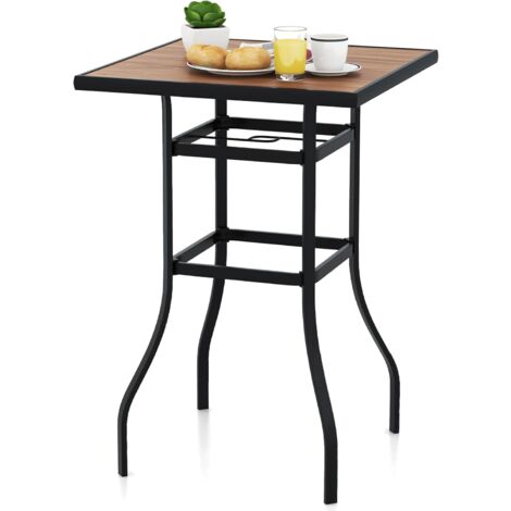 Costway – Table de bar carrée 70x70 cm – Plateau imitation bois résistant aux rayures – Trou pour parasol 39 mm – Cadre métallique stable 50 kg (1/5)