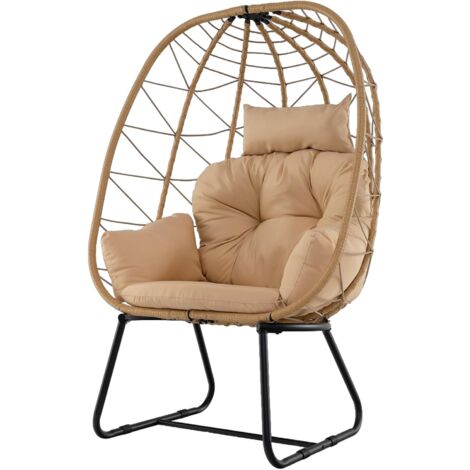 COSTWAY Fauteuil Oeuf sur Pieds avec Support en Métal, Hamac Balançoire sur Pied en Rotin PE avec Coussin Épais et Appui-Tête, Chaise Hamac pour l'Intérieur et l'Extérieur, Charge 150 KG (Beige)