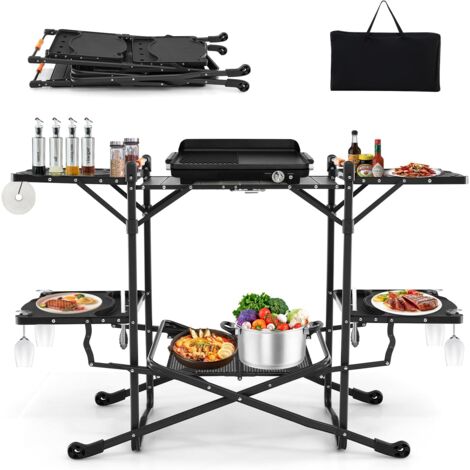 COSTWAY Table de Camping Pliable avec 4 Tablettes d'Appoint, Table de Pique-Nique Portable Plateau en Aluminium avec Sac de Transport, pour Barbecue Camping Voyage, 135 x 54 x 88 CM (1/5)