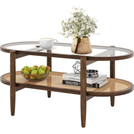 Costway – Table basse ovale en bois courbé – Plateau en verre trempé – Étagère en rotin PE – Dimensions 90x50x45cm – Pour salon ou bureau